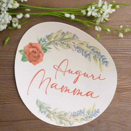 sticker adesivo tag rotondo etichetta di auguri per la festa della mamma con rosa rossa lavanda ramo