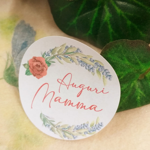 sticker adesivo tag rotondo etichetta di auguri per la festa della mamma con rosa rossa lavanda ramo