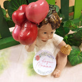 idea regalo angelo statuetta vetrina e packaging sticker adesivo tag rotondo etichetta di auguri per la festa della mamma con rosa rossa lavanda ramo