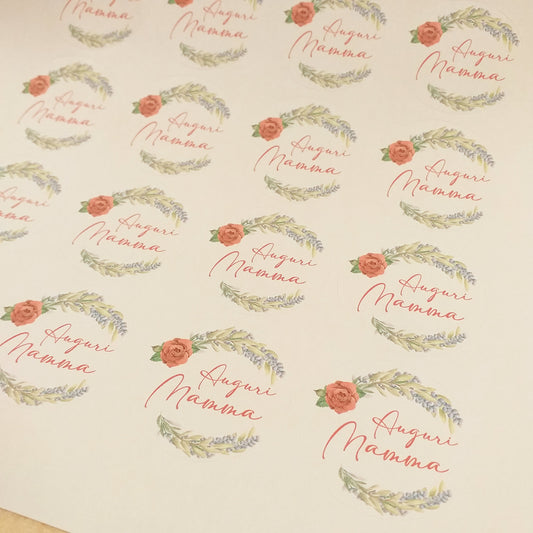 cartella foglio sticker adesivo da staccare tag rotondo etichetta di auguri per la festa della mamma con rosa rossa lavanda ramo