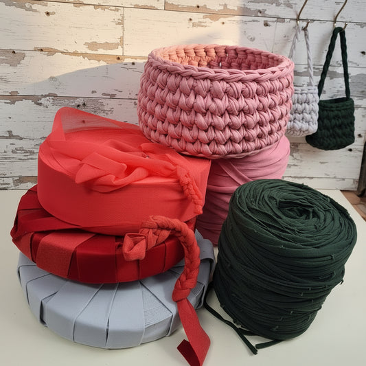 stock fine serie ultimi pezzi fettuccia filato cotone tulle elastico rosa verdone  rosso lampone uso borse cestini uncinetto
