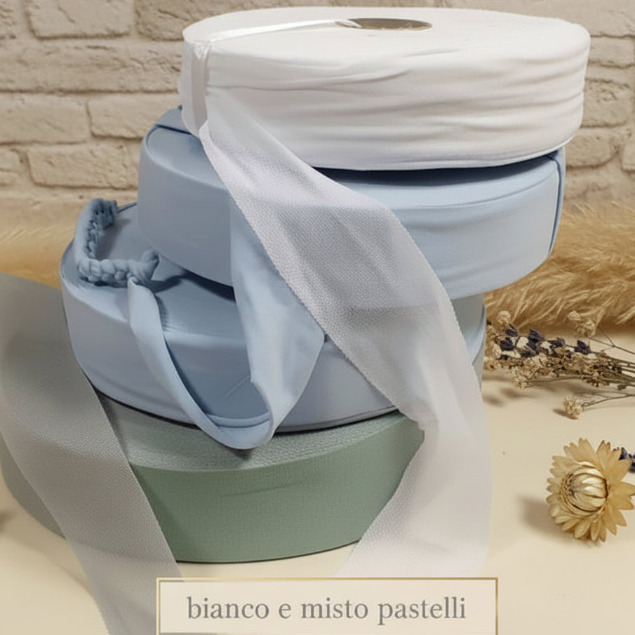 bianco azzurro verde salvia colori  misto assortiti stock a peso a kg sfumata misto fettuccia pizza lycra + tulle per borse uncinetto crochet net bags modello clutch pochette cerimonia