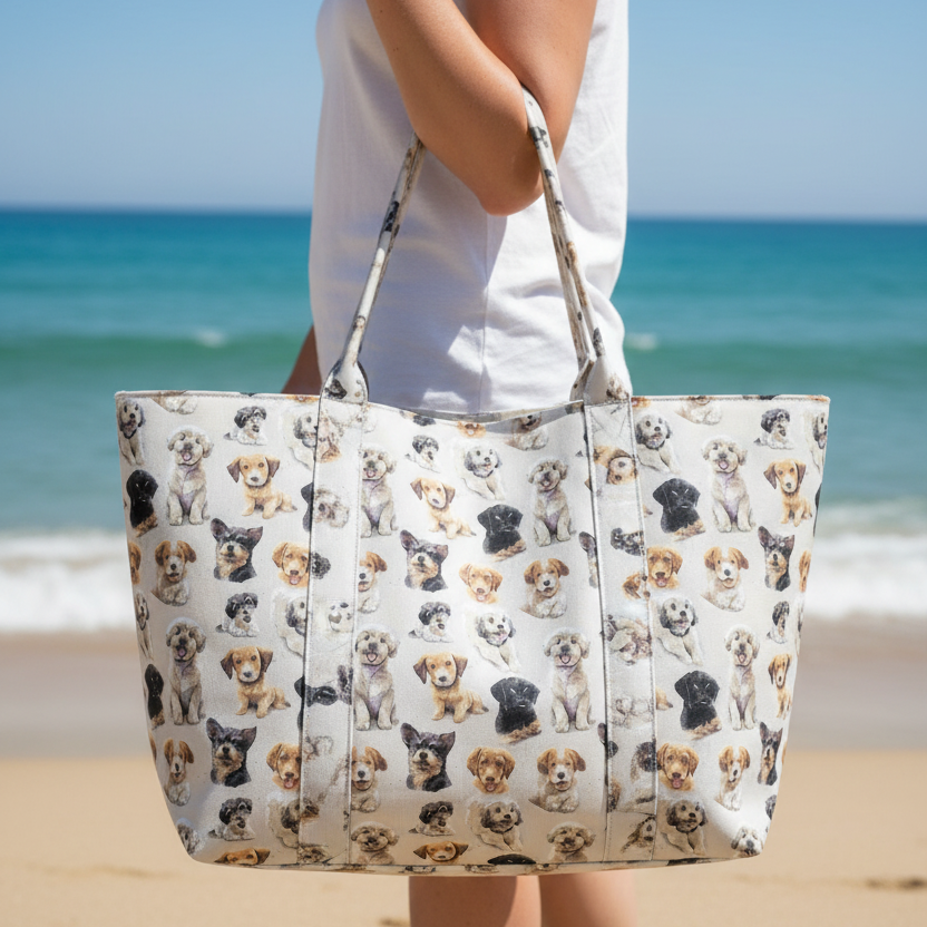 idea cucire borsa mare con ritratti di cani shabby fondo grigio stoffa tessuto stampa digitale su cotone per abbigliamento arredamento accessori borse cuscini pochette cucito creativo