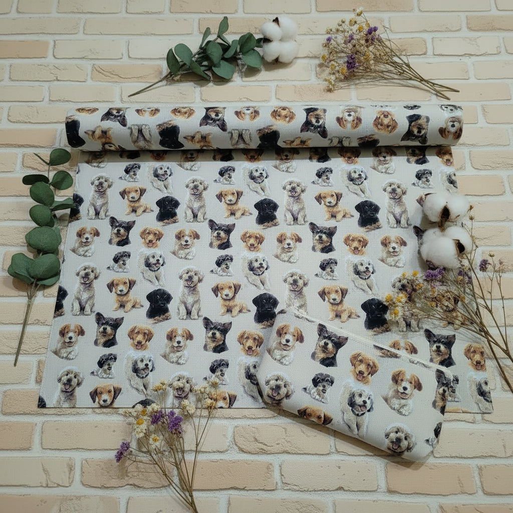 ritratti di cani shabby fondo grigio stoffa tessuto stampa digitale su cotone per abbigliamento arredamento accessori borse cuscini pochette