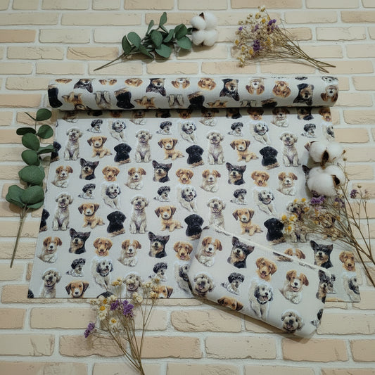 ritratti di cani shabby fondo grigio stoffa tessuto stampa digitale su cotone per abbigliamento arredamento accessori borse cuscini pochette