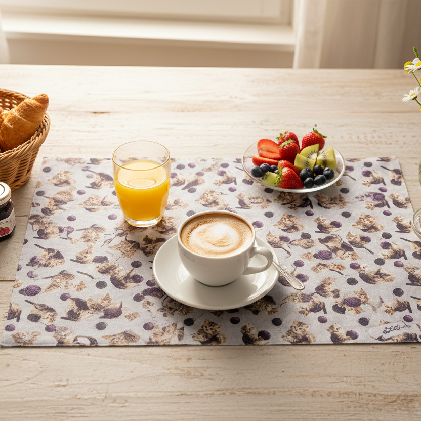 idea cucito creativo tovaglietta prima colazione gatti shabby fondo grigio stoffa tessuto stampa digitale su cotone per abbigliamento arredamento accessori borse cuscini pochette