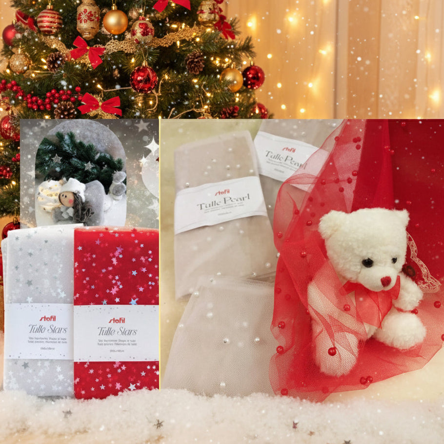 tulle pearl stelline stafil ritagli 100 x 68 cm bianco con ciondoli perle idea rivestire pallina albero natale di polistirolo allestimento vetrinistica natalizia casa negozio packaging natalizio