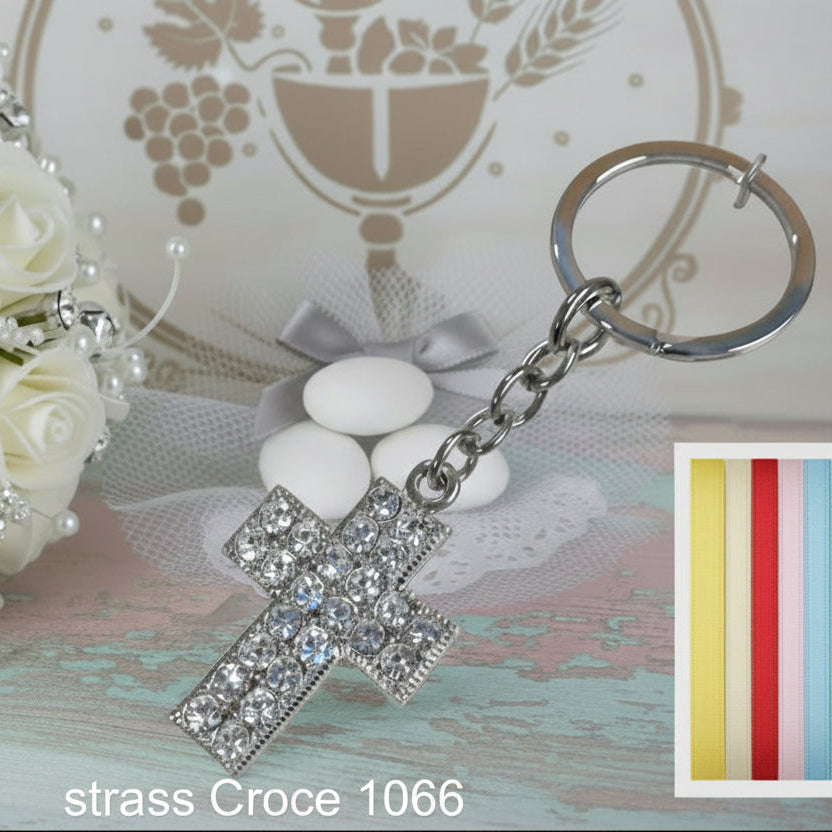 Brillantini strass Croce portachiavi bomboniera Prima Comunione Santa Cresima ricordino souvenir religioso sacro party favors