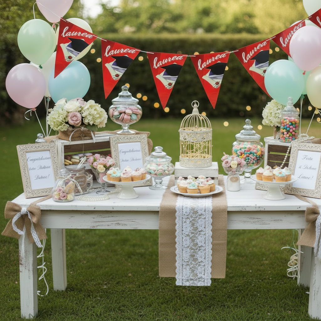idea allestimento laurea toni pastello fiori secchi candy bar dolciumi juta pizzo legno shabby, cornici portafotografie, striscione bandierine simboli pergamena tocco cappello e scritta