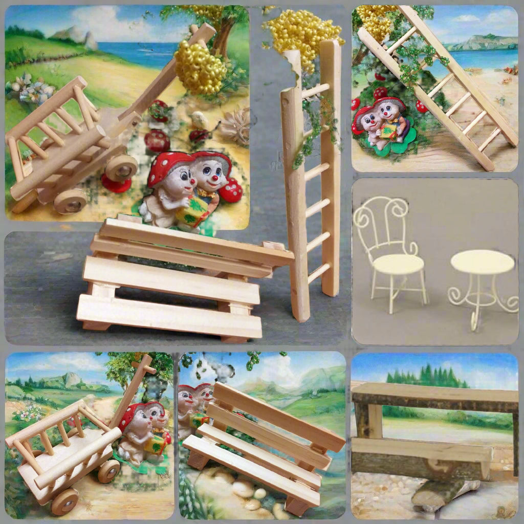 sedia tavolo ferro ambientazioni arredi legno naturale Presepe accessori miniature mini giardino panchina scala carro per micro paesaggio diy decorazioni idea vetrinistica bonsai albero pianta di perline e filo di ferro