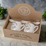 etm milano dal 1919 scatola regalo gift box bomboniere utili set tazzine caffè felicità ed allegria fatte in casa scritta frasi porcellana bianca cucchiaini oggetti per la cucina da usare