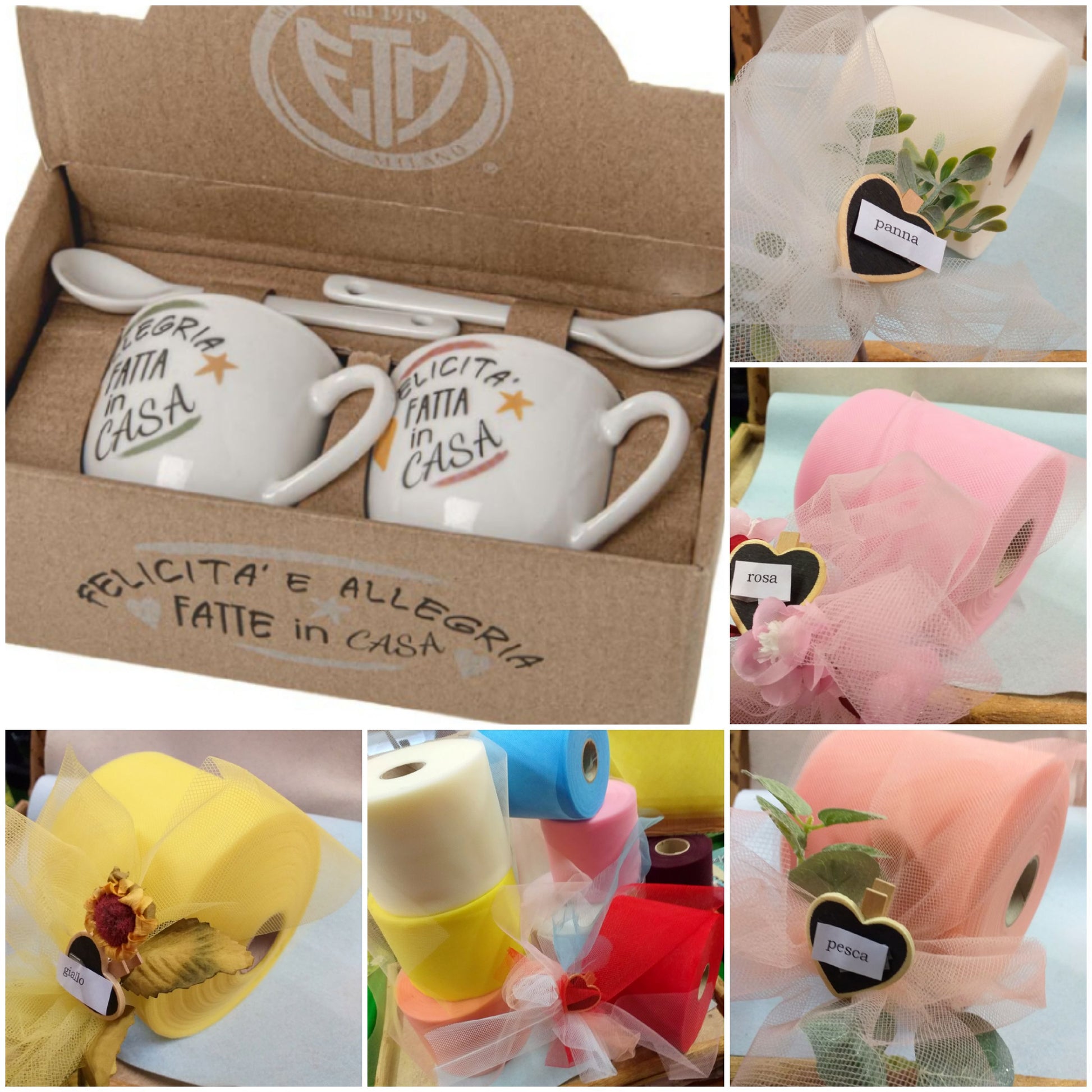 colori di tulle per confezionare etm milano dal 1919 scatola regalo gift box bomboniere utili set tazzine caffè felicità ed allegria fatte in casa scritta frasi porcellana bianca cucchiaini compresi