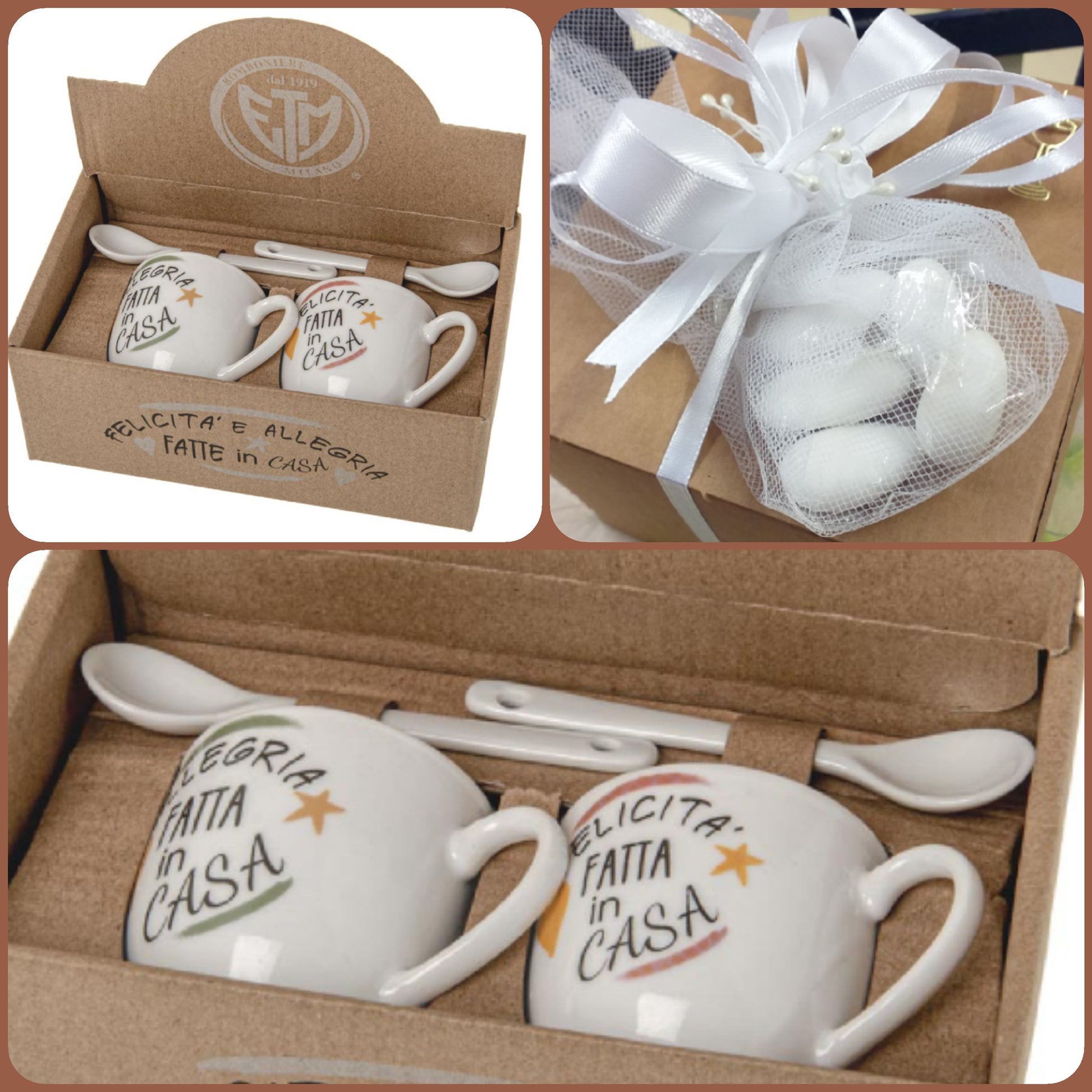 come confezioniamo etm milano dal 1919 scatola regalo gift box bomboniere utili set tazzine caffè felicità ed allegria fatte in casa scritta frasi porcellana bianca cucchiaini compresi