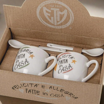 etm milano dal 1919 scatola regalo gift box bomboniere utili set tazzine caffè felicità ed allegria fatte in casa scritta frasi porcellana bianca cucchiaini compresi