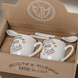 etm milano dal 1919 scatola regalo gift box bomboniere utili set tazzine caffè felicità ed allegria fatte in casa scritta frasi porcellana bianca cucchiaini compresi