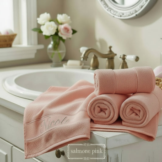 salmone pink lavette cucina salviette ospite bagno asciugamani spugna cotone inserto bordura bordo tela aida da ricamare con iniziali cifre disegni a punto croce