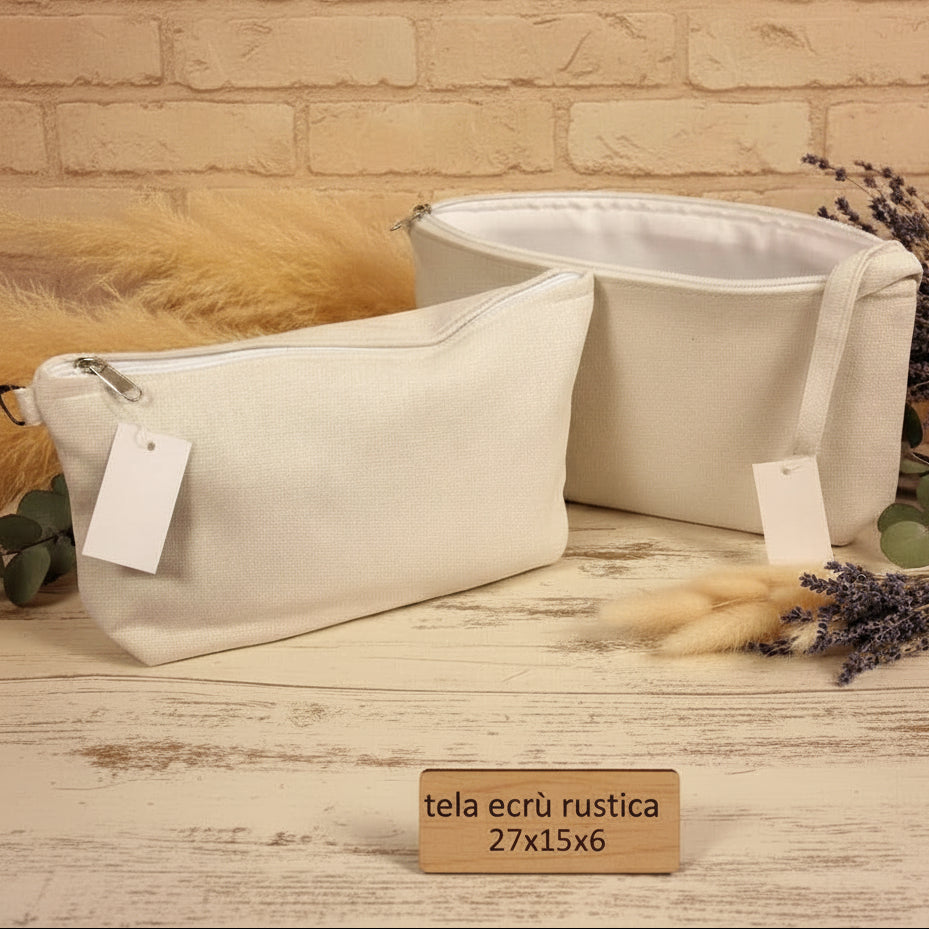 pochette busta con cerniera da mettere dentro una borsa uncinetto di fettuccia cordino rafia estiva sacca mare borsetta con applicazione macramè, produttore stafil green con tela ecrù rustica, m9isure 27x15x6