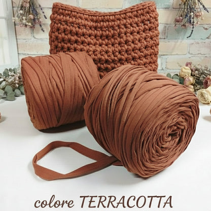 colore terracotta 119911 stafil t-shirt garn stretch yarn fettuccia elasticizzata maglina cotone noodles per uncinetto borse crochet bags clutch cestini tappeti cuscini collane braccialetti ceste porta enfant scaldacollo natale