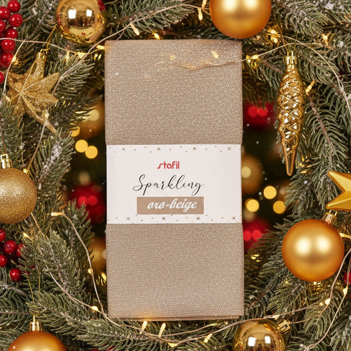 oro beige stoffa glitter tessuto sparkling brillantinato stafil lamè lurex 50 x 55 cm vetrina idea decorazioni natale scampoli da hobbistica per ghirlanda fuoriporta