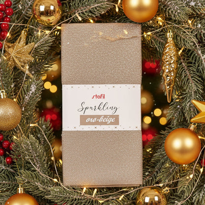oro beige stoffa glitter tessuto sparkling brillantinato stafil lamè lurex 50 x 55 cm vetrina idea decorazioni natale scampoli da hobbistica per ghirlanda fuoriporta
