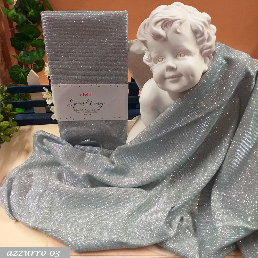 azzurro 03 stoffa glitter tessuto lurex sparkling brillantinato stafil 50 x 55 cm vetrina statua angelo idea decorazioni pasqua natale scampoli da hobbistica per creazioni addobbi uso fondale Presepe cucito creativo bambole di pezza pupazzo composizioni fiori centrotavola