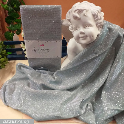 azzurro 03 stoffa glitter tessuto lurex sparkling brillantinato stafil 50 x 55 cm vetrina statua angelo idea decorazioni pasqua natale scampoli da hobbistica per creazioni addobbi uso fondale Presepe cucito creativo bambole di pezza pupazzo composizioni fiori centrotavola