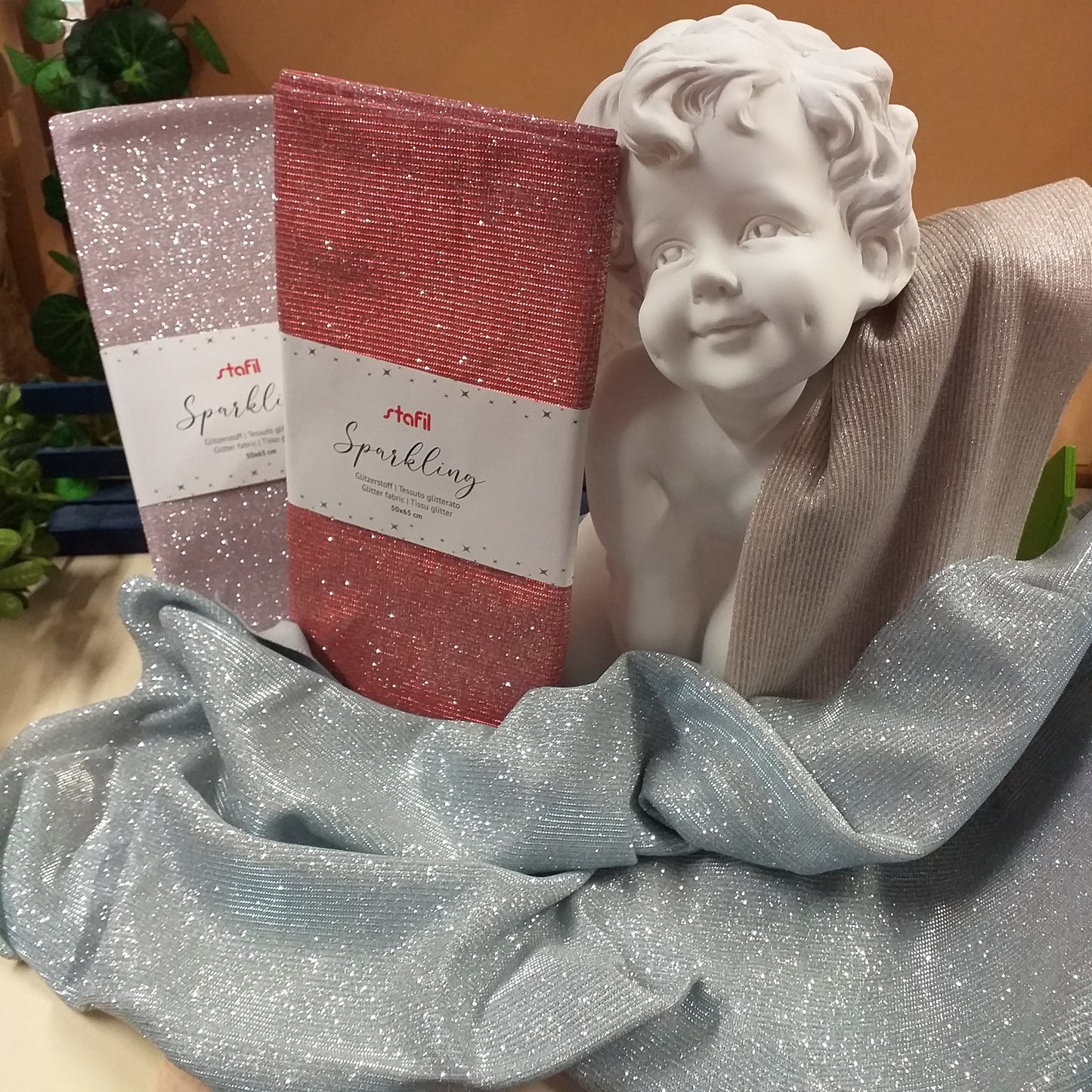 stoffa glitter tessuto lurex sparkling brillantinato stafil 50 x 55 cm vetrina statua angelo idea decorazioni pasqua natale scampoli da hobbistica per creazioni addobbi uso fondale Presepe cucito creativo bambole di pezza pupazzo composizioni fiori centrotavola