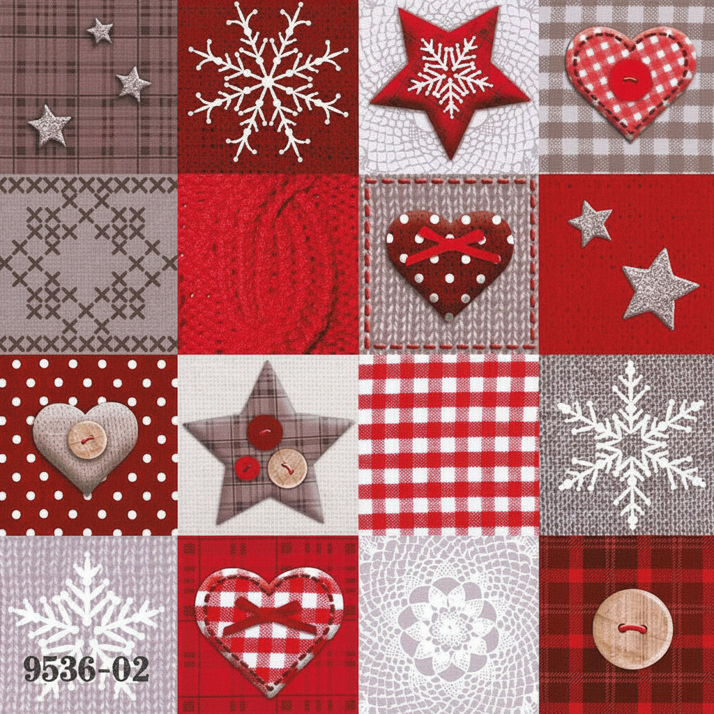 tovagliolo rosso brigio beige shabby a quadretti con fiocco di neve cuori stelle bottoni per decoupage natalizio