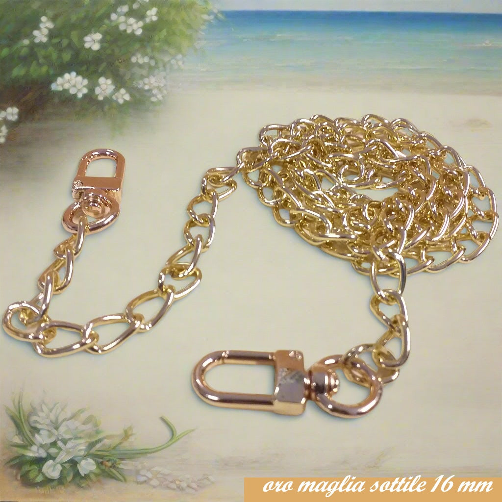colore oro sottile catenina 16 mm maglina dorata manici tracolla catene borse uncinetto per pochette clutch bags bustine di tessuto stoffa corda fettuccia con moschettoni finali