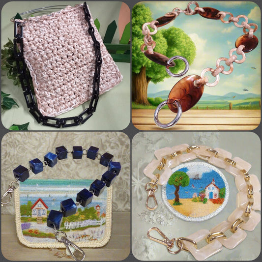 colore nero marrone beige blu manico particolare di resina acrilica plastica catena decorativa per borsa a spalla uncinetto artigianale fatta a mano di fettuccia corda particolare con moschettoni anelli ganci finali