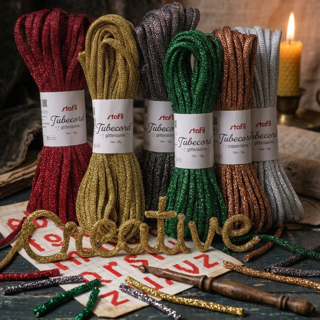 frase scritta creative colore oro tricotin corda tubolare cordoncino da riempire di filo modellabile filato brillantini glitter scritta cordino lurex glitterissimo lamè stafil tubecord pronto per nomi ghirlande fuoriporta packaging pacchi confezioni regalo Natale