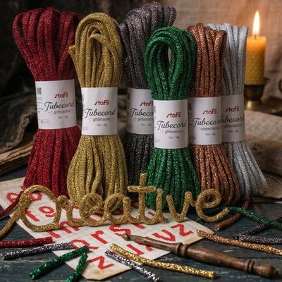 Tricotin pronto glitter lurex tubolare cordoncino Natale, filo scritte