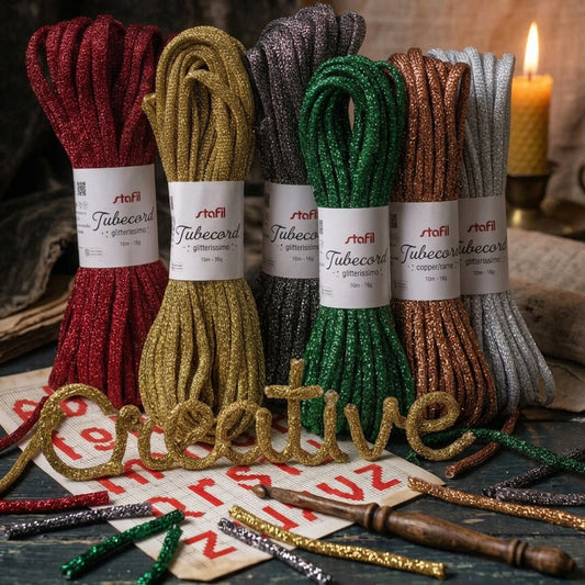 frase scritta creative colore oro tricotin corda tubolare cordoncino da riempire di filo modellabile filato brillantini glitter scritta cordino lurex glitterissimo lamè stafil tubecord pronto per nomi ghirlande fuoriporta packaging pacchi confezioni regalo Natale