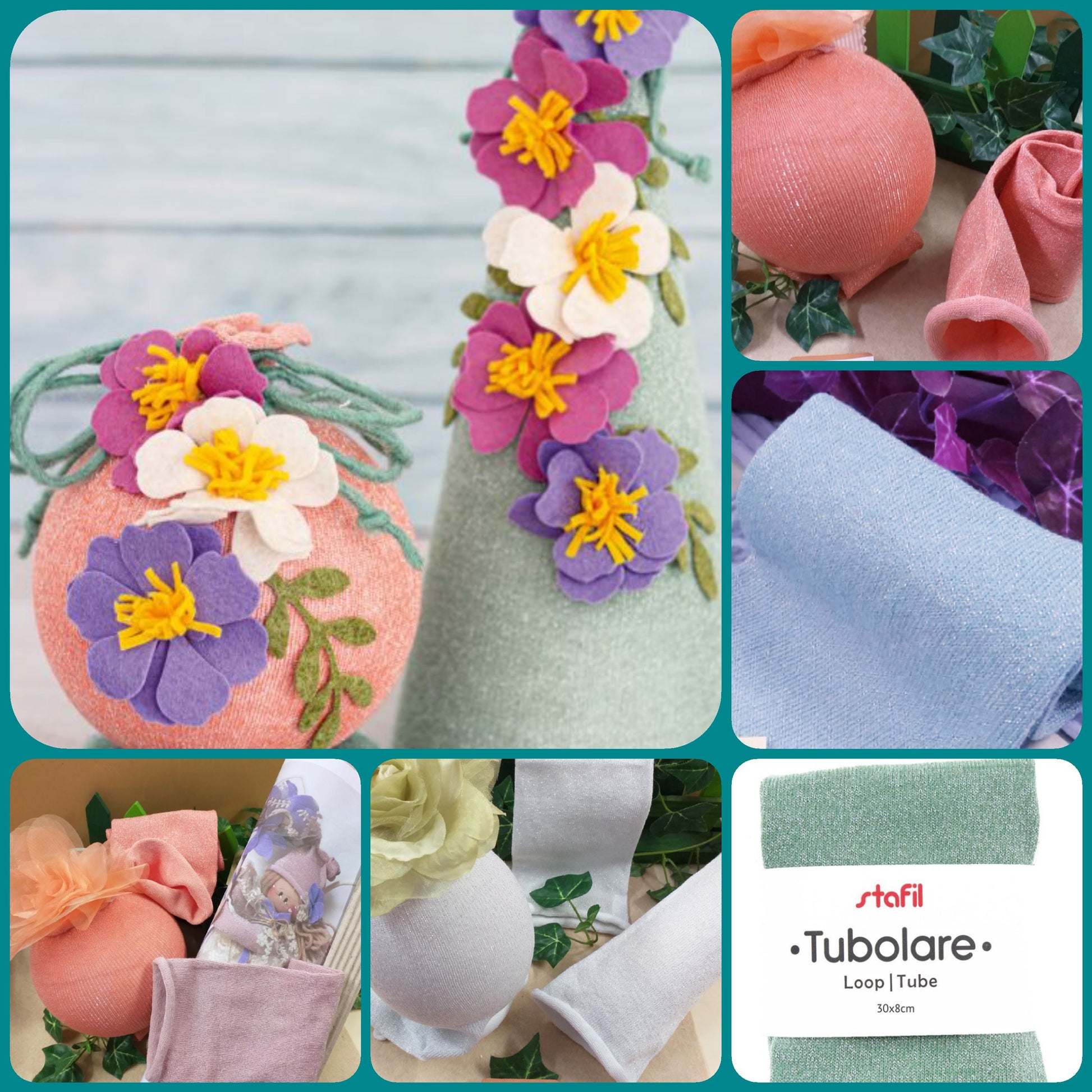 idee composizioni fiori pannolenci violette primule con basi polistirolo rivestite pesca corallo verde menta tubolari di maglina glitter brillantini con filato lurex luminoso brillante uso natale decorazioni albero acconciature bambole cucito creativo