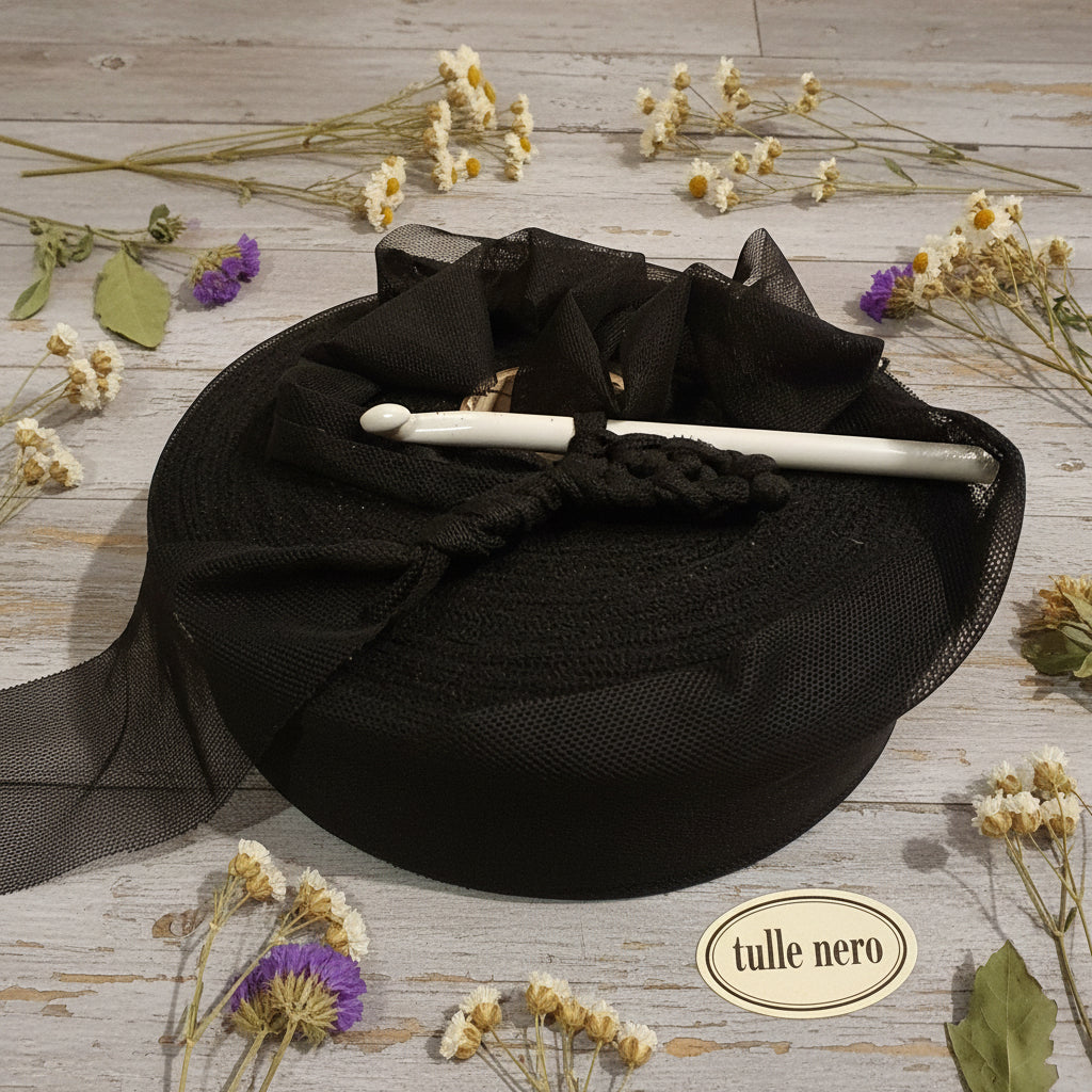 fettuccia tulle leggero elastan elastico rondella pizza uso crochet uncinetto bags borse pochette clutch elasticizzata morbida alta abbigliamento 