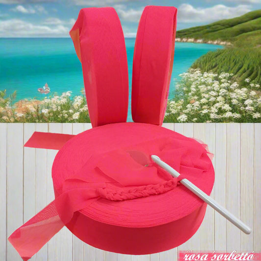 colori estivi rosa sorbetto moda fashion maglina costina e fettuccia tulle di lycra leggero elastan elastico rondella pizza uso crochet uncinetto bags borse pochette clutch cestini culle bambini neonati tappeti cucce elasticizzata morbida alta abbigliamento moda mare sacca sportina piscina