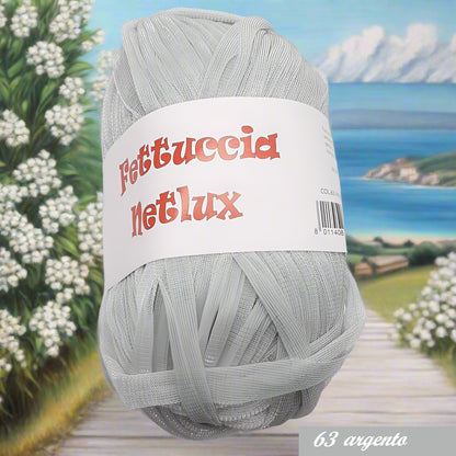 63 argento fettuccia Netlux filato di tulle glitter per borse uncinetto cappelli copricostume maglie estivo abbigliamento moda mare spiaggia piscina shopper clutch bags colori fashion