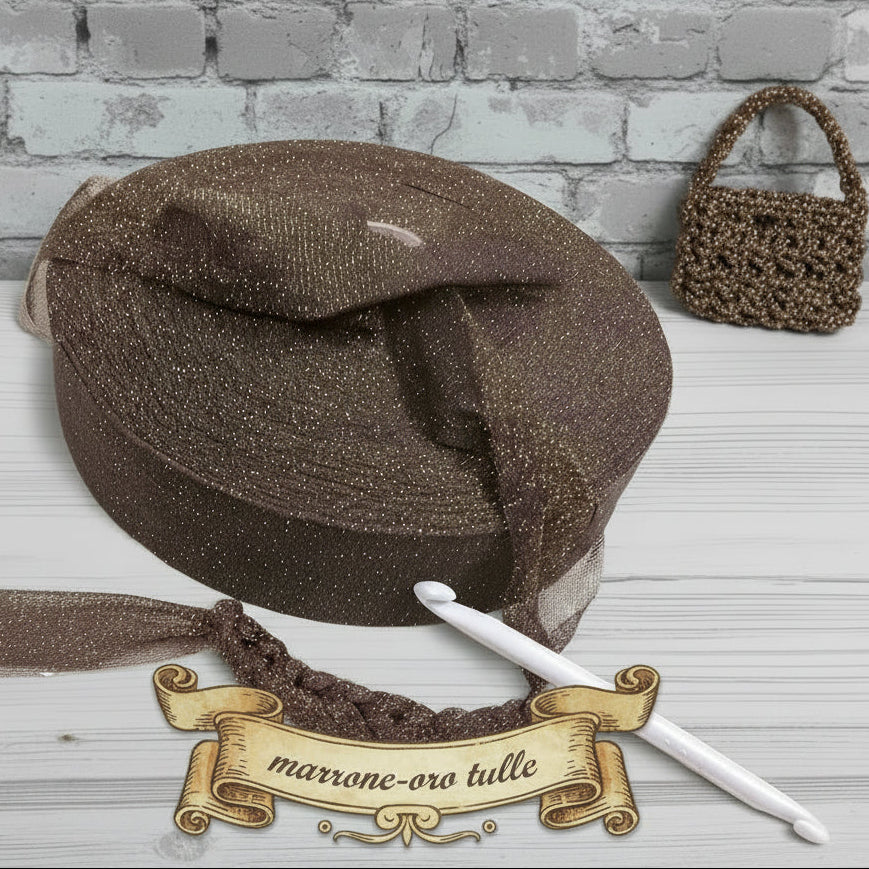 lustrini tulle marrone cioccolato oro vetrina feste matrimonio lurex lamè fettuccia lycra elasticizzata glitterata brillantinata per uncinetto borse cestini packaging regalo eleganti borsette clutch bags