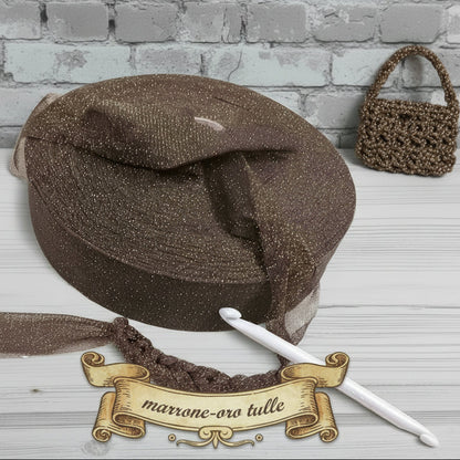 lustrini tulle marrone cioccolato oro vetrina feste matrimonio lurex lamè fettuccia lycra elasticizzata glitterata brillantinata per uncinetto borse cestini packaging regalo eleganti borsette clutch bags
