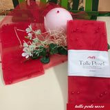 tulle pearl stafil ritagli 100 x 68 cm rosso con ciondoli perle idea rivestire pallina albero natale di polistirolo allestimento vetrinistica natalizia casa negozio packaging natalizio