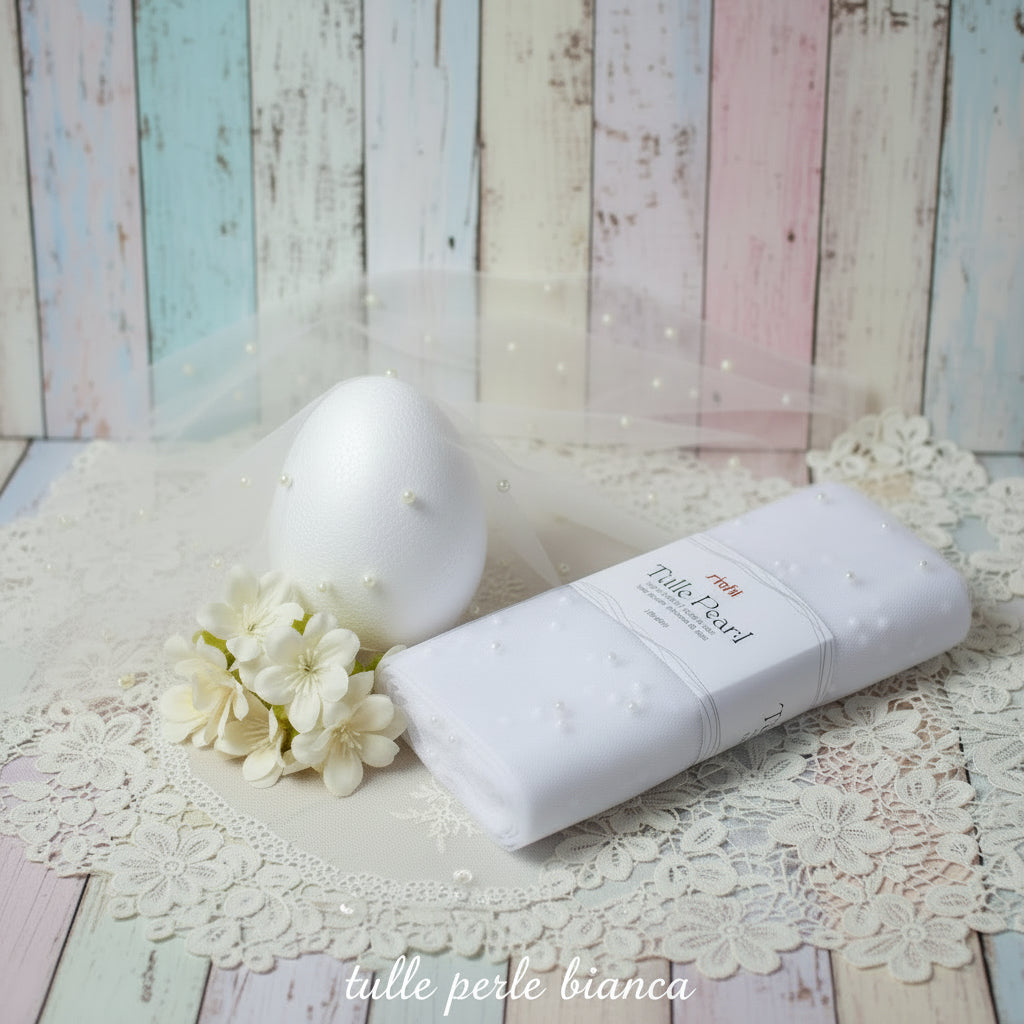 tulle pearl stafil ritagli 100 x 68 cm bianco con ciondoli perle idea rivestire uovo pasquale di polistirolo allestimento vetrinistica casa negozio packaging 