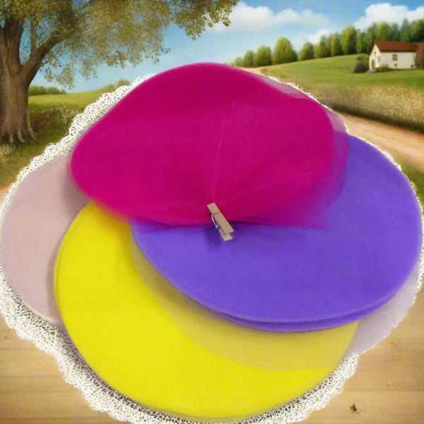 viola lilla giallo cipria fucsia colori particolari tulle per confetti bomboniere fai da te rotondo colorato centrini cerchi dischi  retina filet per confezionare sacchetti pompon confetti caramelle