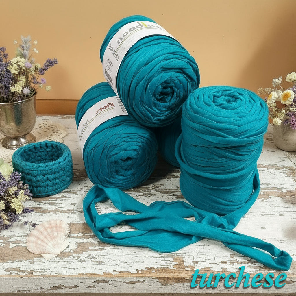 turchese moda stafil t-shirt garn stretch yarn fettuccia elasticizzata maglina cotone noodles per uncinetto borse crochet bags clutch cestini tappeti cuscini collane braccialetti ceste porta enfant scaldacollo natale