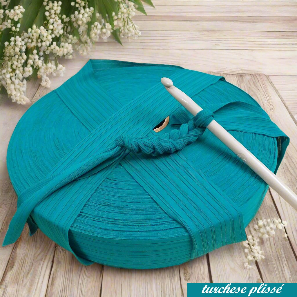 turchese plissé shop offerta vendita fettuccia stafil maglina lycra soft-elastica colori moda per pochette, alta pizza larga piatta 4 cm uso borse uncinetto clutch bags crochet amigurumi cestini mare