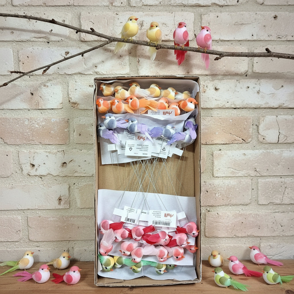 assortiti misti viola gialli verdi arancio rosa rossi uccellini colorati con stelo ferretto 2 cm decorativi finti artificiali con piume uso hobby creativi decorazione pasqua addobbi composizioni fiori bouquet allestimenti e bomboniere bonsai alberelli perline