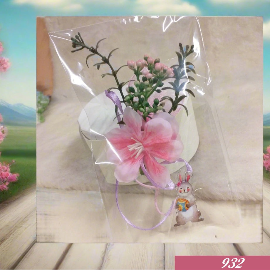 pick mazzolino bouquet piccolo miniatura fiori di pesco finto artificiale di stoffa pistilli foglie ulivo uso segnaposto ristorante chiudipacco regalo decorazioni fioristi pasquale
