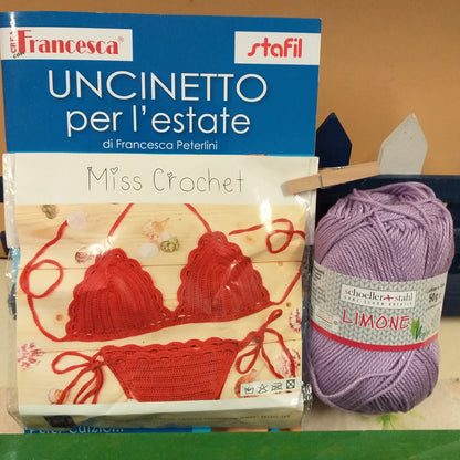 lilla lavanda gomitolo filato vegano Stafil-Schoeller limone e Uncinetto per l'estate schemi facili moderni manuale libretto per realizzare capi d'abbigliamento di cotone grosso per spiaggia mare costume bikini da bagno top magliette canotta