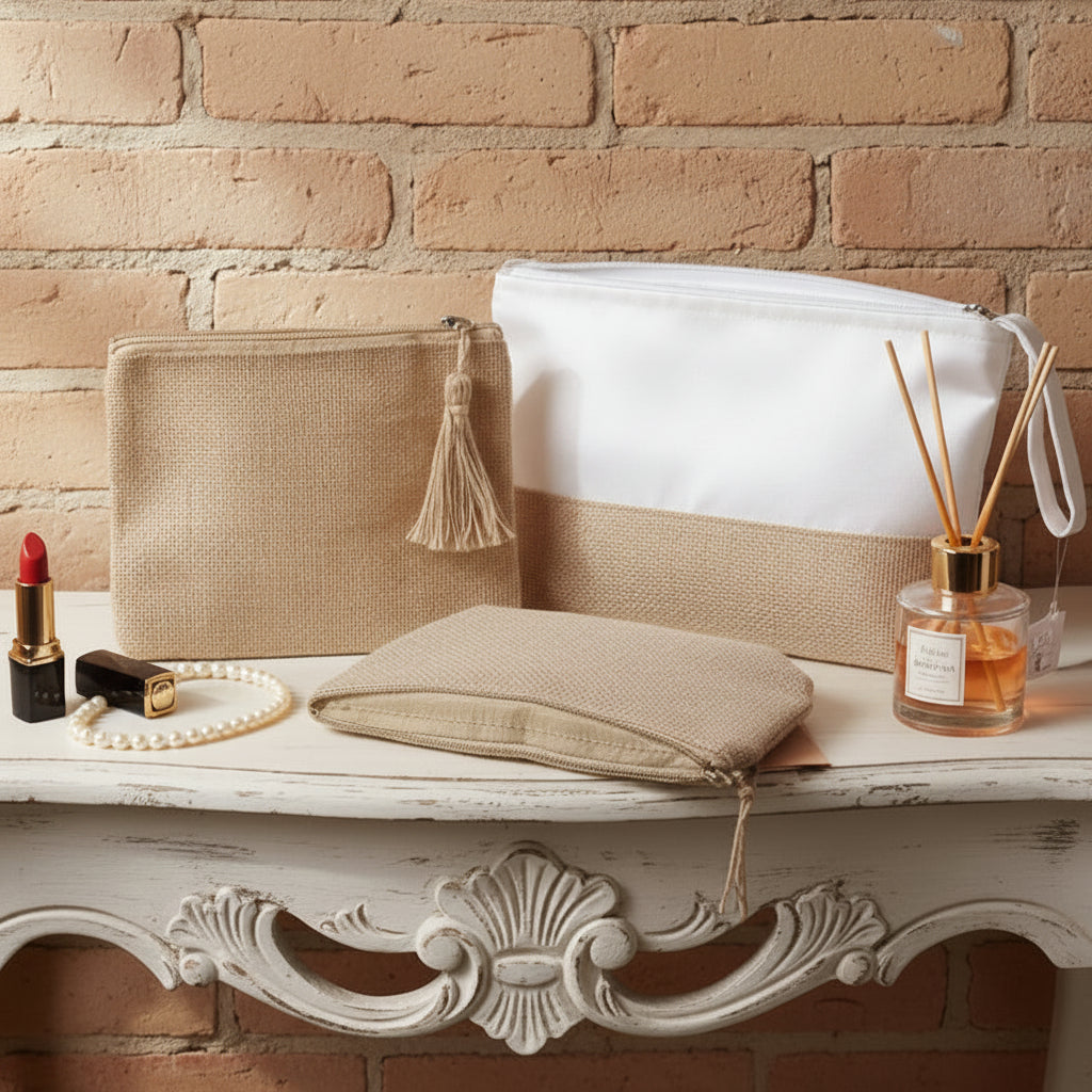 pouch rustico tela grezza sacchetto con cerniera foderato bustina pochette juta beige Merceria Accessori Servizio e stafil per borsa uncinetto da rivestire con filato cotone granny mattonelle o personalizzare scritte ricamo stampato applicazioni tessuto stoffa termoadesive strass