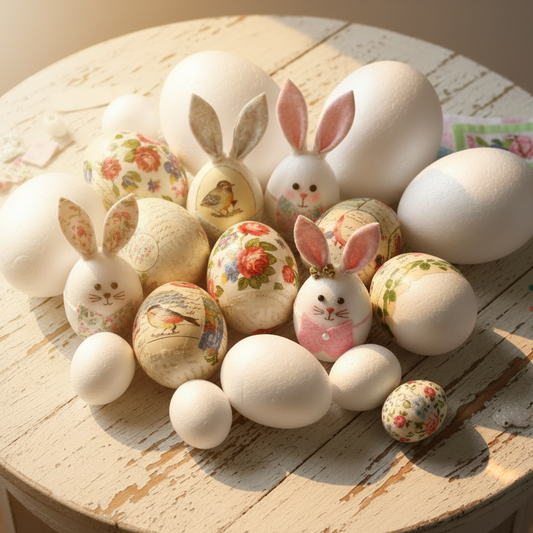 vetrina negozio uovo di polistirolo grandi e piccole creare decorazioni Pasqua fai da te uova da rivestire con tubolari decorare tovaglioli découpage uso per lavoretti bambini creazioni bambole coniglietti