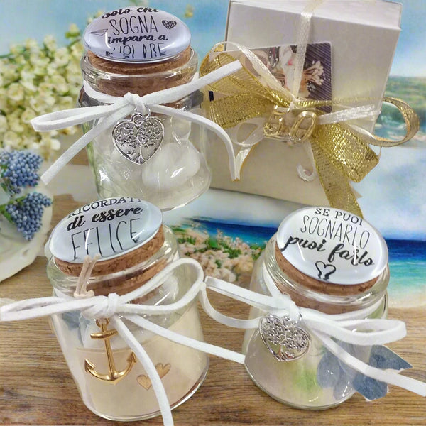 solo chi sogna impara a volare se puoi sognarlo puoi farlo ricordati di essere felice frasi scritte su tappo bianco ceramica barattolo anniversario matrimonio cinquantesimo nozze d'oro Italian bomboniera portaconfetti confezionato 5 confetti nastrino 50 anni applicazione simboli bigliettino personalizzato su vasetto vetro scatola bianca ciondolo àncora